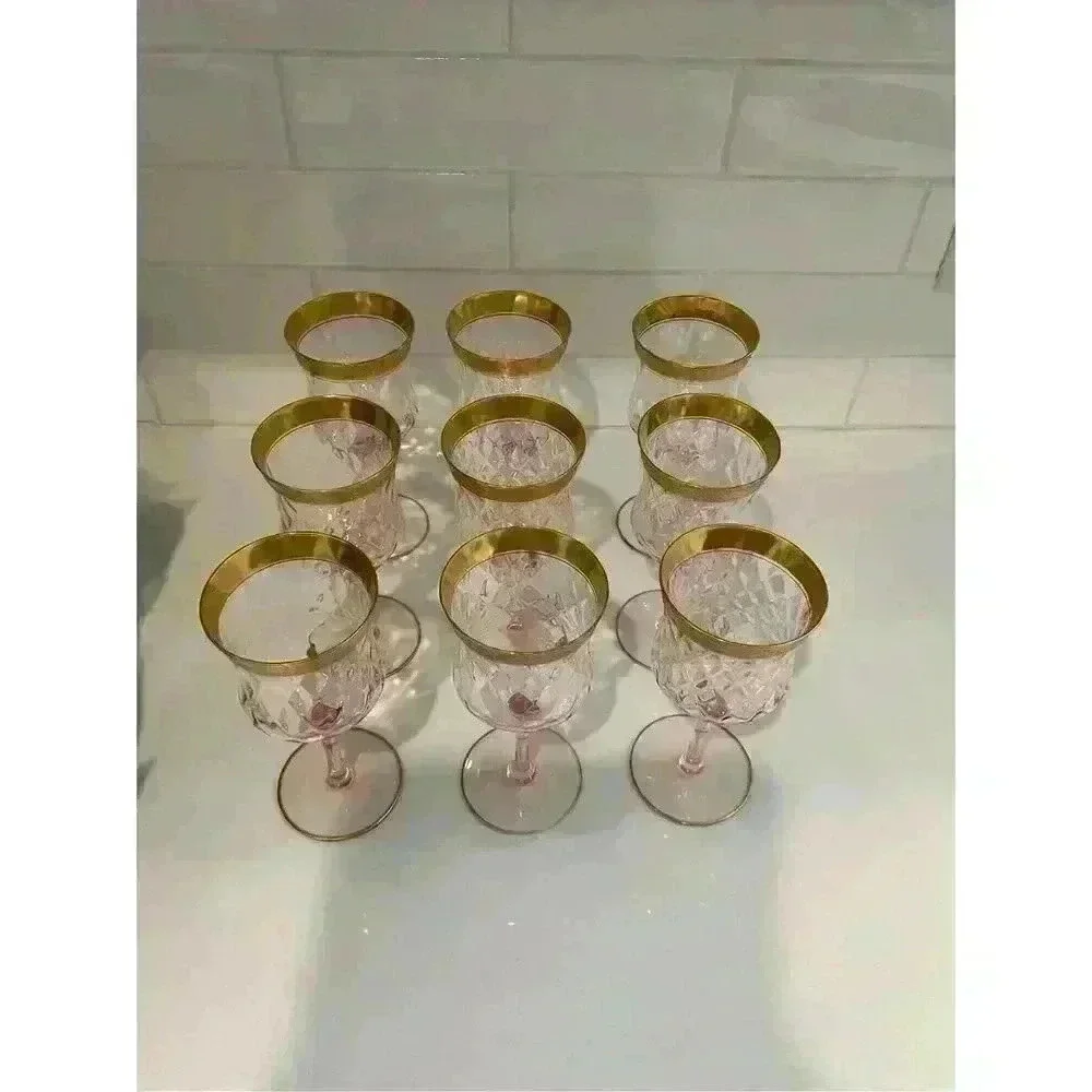 Tiffin Franciscan Valencia Vintage Pink Stem Glass Goblets (x9)‎